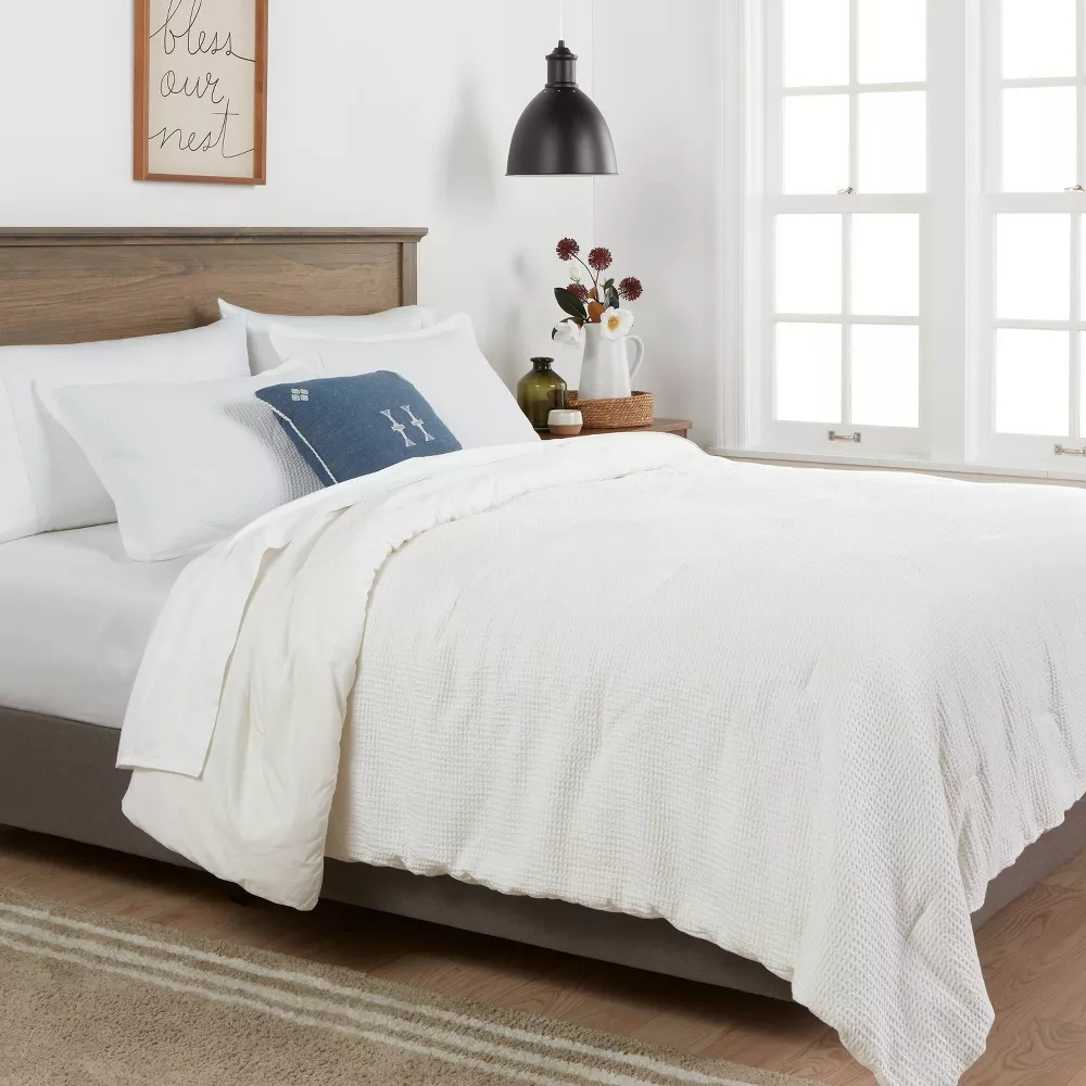Juego de edredón y fundas de almohada de 3 piezas, tejido gofrado lavado, 100% algodón, certificado Oeko-Tex, peso medio, para cama matrimonial/queen, color blanco