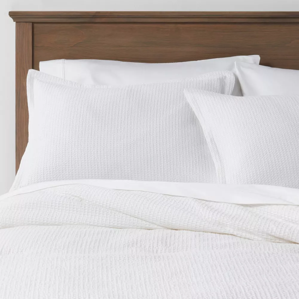 Juego de edredón y fundas de almohada de 3 piezas, tejido gofrado lavado, 100% algodón, certificado Oeko-Tex, peso medio, para cama matrimonial/queen, color blanco - Imagen 3