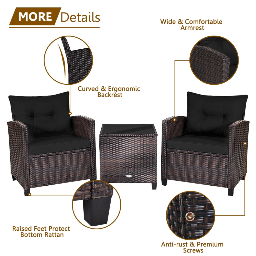 Juego de conversación de ratán para exterior, 2 sillas y 1 mesa, capacidad 360 lbs por silla y 70 lbs por mesa, con cojines, para patio y jardín - Imagen 2