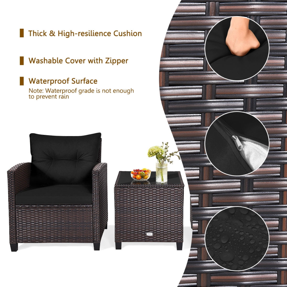Juego de conversación de ratán para exterior, 2 sillas y 1 mesa, capacidad 360 lbs por silla y 70 lbs por mesa, con cojines, para patio y jardín - Imagen 3