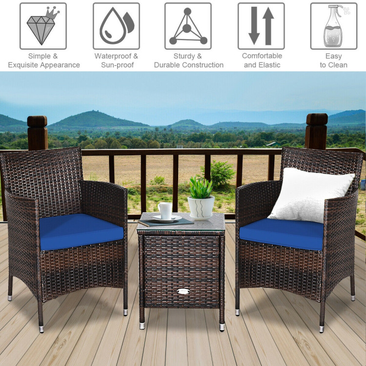 Conjunto de exterior ergonómico de 3 piezas, ratán PE, para patio y jardín, color azul - Imagen 4