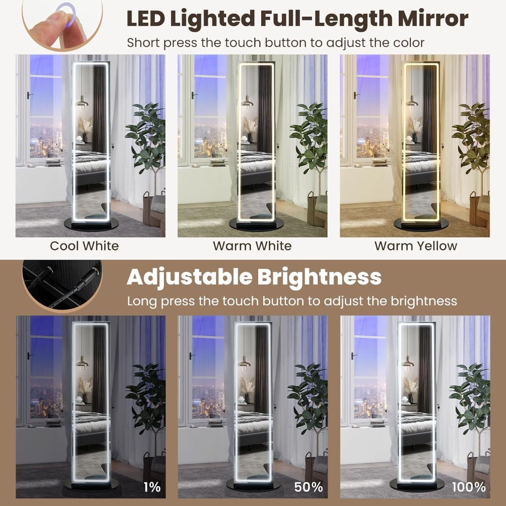 Armario joyero con espejo LED giratorio, espejo de cuerpo entero, 3 colores y luces ajustables, organizador de joyas de pie con cerradura y bandeja de maquillaje plegable, negro - Imagen 4