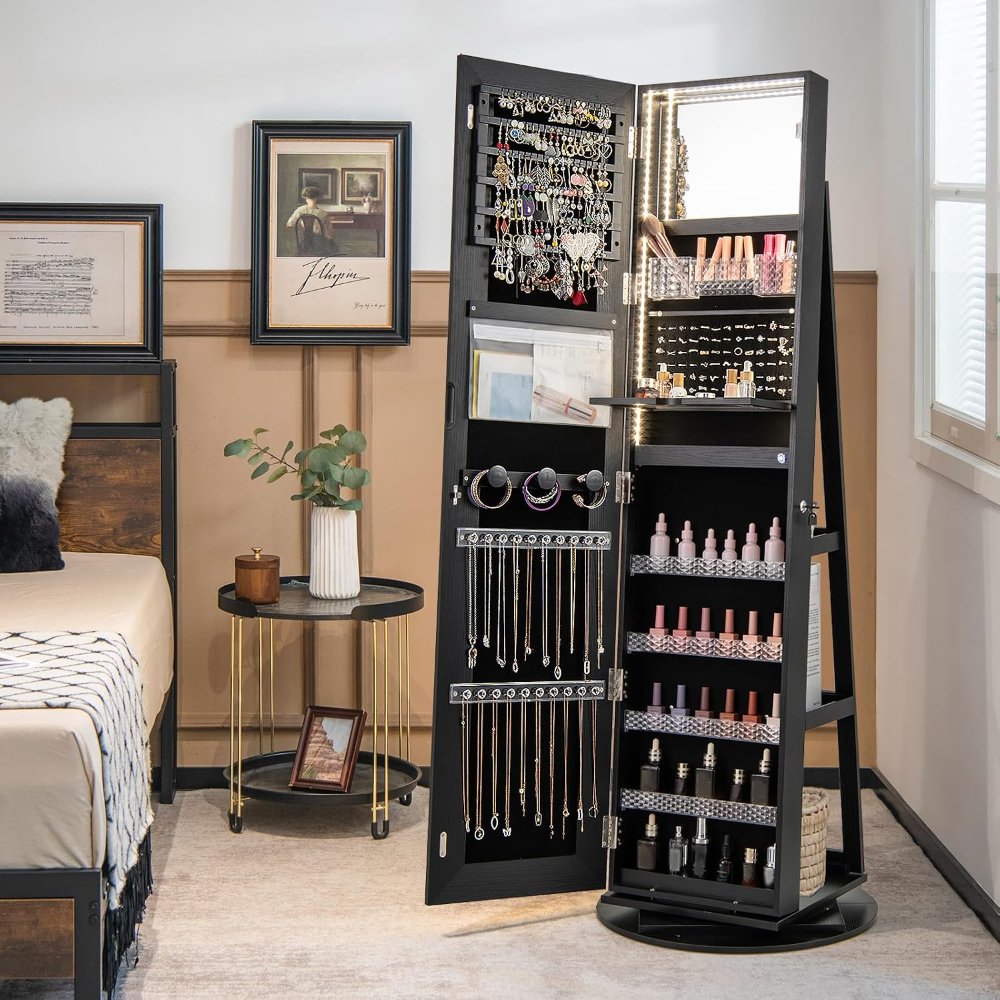 Armario joyero con espejo LED giratorio, espejo de cuerpo entero, 3 colores y luces ajustables, organizador de joyas de pie con cerradura y bandeja de maquillaje plegable, negro - Imagen 5