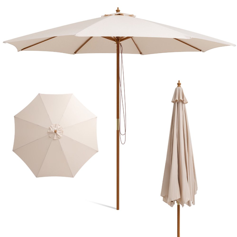 Sombrilla de patio de 3 metros, 8 varillas de madera, 3 alturas ajustables, toldo ventilado, sistema de poleas, para exterior, jardín y terraza - Imagen 2