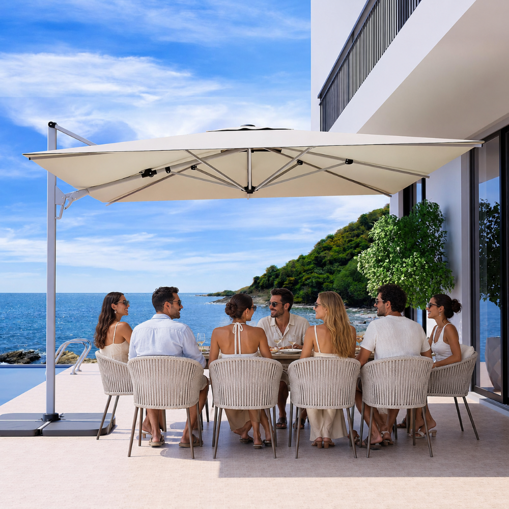Sombrilla de patio rectangular 10x13 pies, rotación 360°, marco aluminio resistente al viento, impermeable y protección UV, para jardín, piscina y terraza