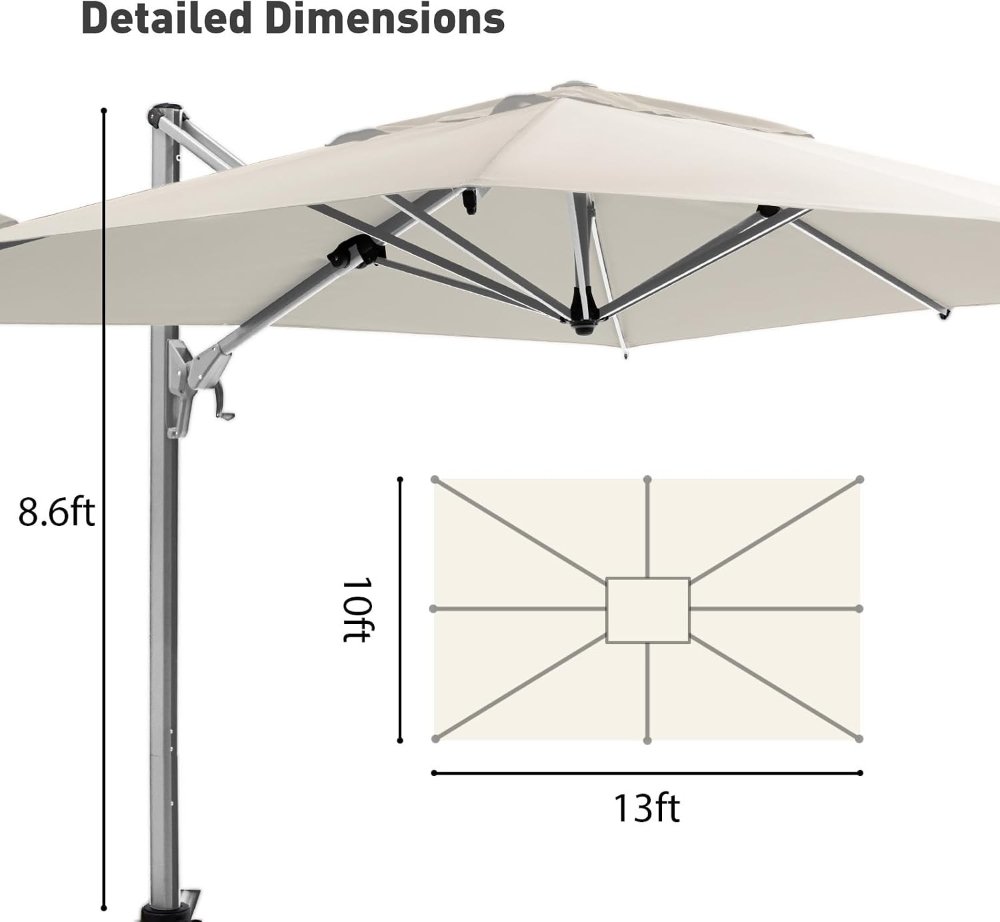 Sombrilla de patio rectangular 10x13 pies, rotación 360°, marco aluminio resistente al viento, impermeable y protección UV, para jardín, piscina y terraza - Imagen 6