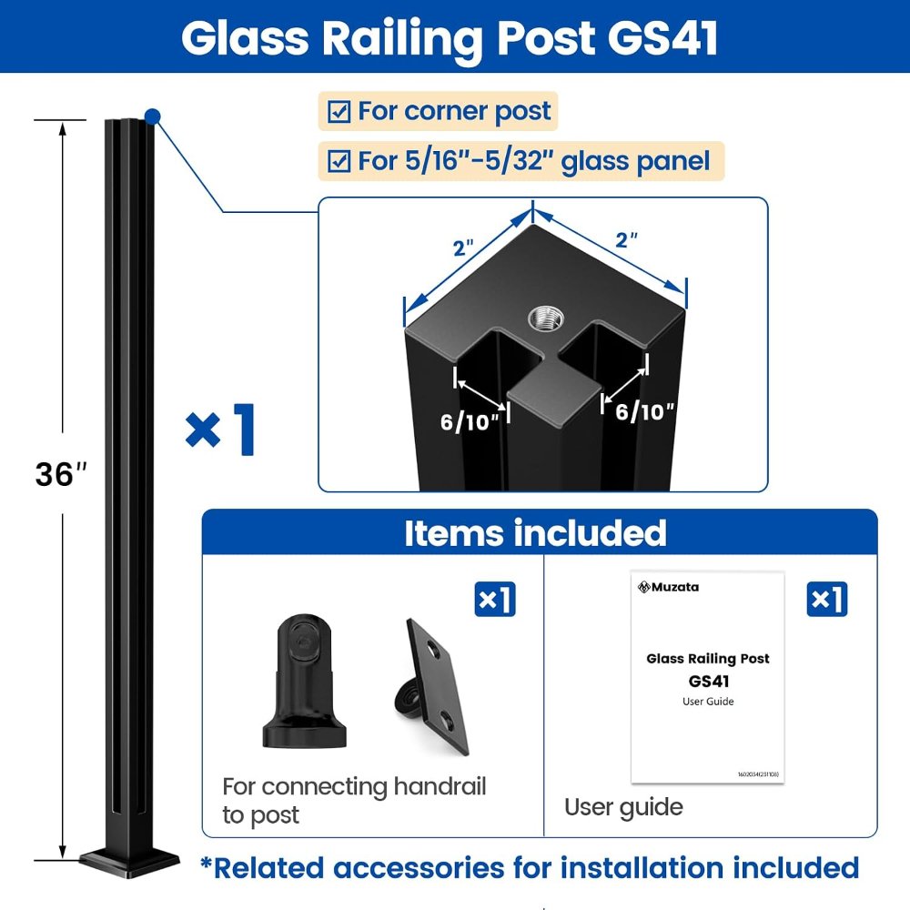 Juego de 6 postes de barandilla de vidrio negro de 36'', acero inoxidable 304, con soporte para pasamanos, para interior y exterior. - Imagen 6