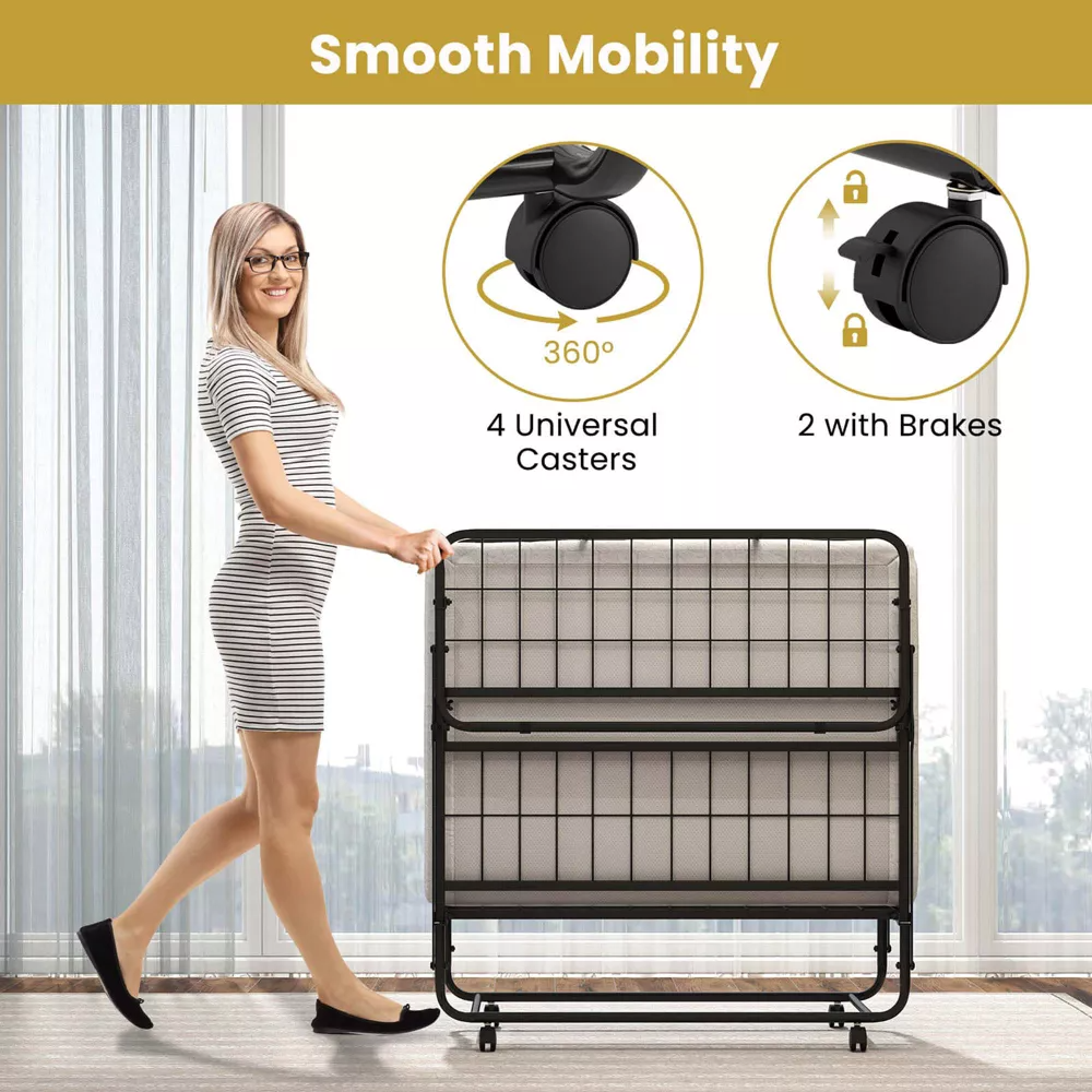 Cama plegable individual para invitados, colchón de espuma viscoelástica de 4 pulgadas, capacidad de 485 lbs, portátil con ruedas, para hogar y viajes - Imagen 4