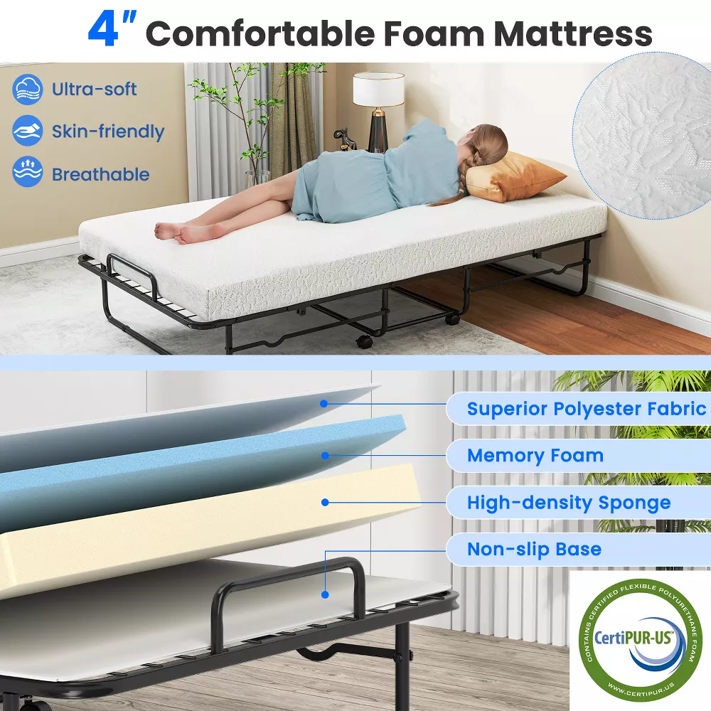 Cama plegable individual para invitados, colchón de espuma viscoelástica de 4 pulgadas, capacidad de 485 lbs, portátil con ruedas, para hogar y viajes - Imagen 6