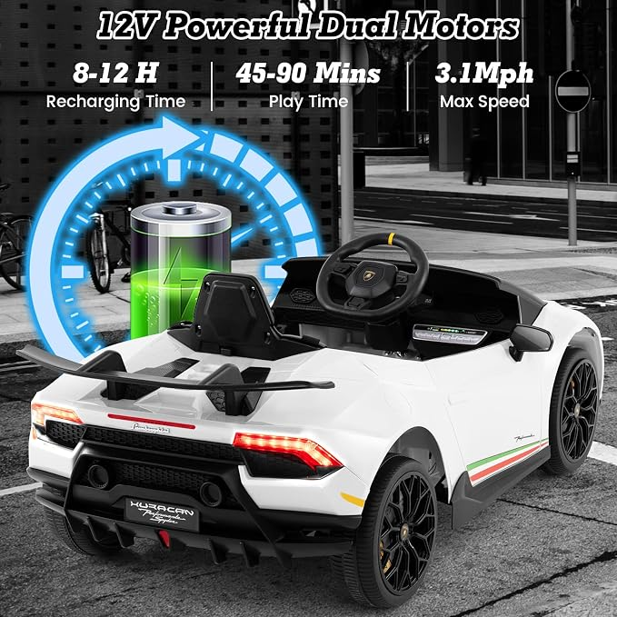 Coche eléctrico infantil Lamborghini Huracán 12V, 2 velocidades, (sin control remoto), suspensión, música, Bluetooth, USB, FM, para niños de 3 a 8 años, 45 minutos de autonomía - Imagen 2
