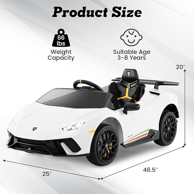 Coche eléctrico infantil Lamborghini Huracán 12V, 2 velocidades, (sin control remoto), suspensión, música, Bluetooth, USB, FM, para niños de 3 a 8 años, 45 minutos de autonomía - Imagen 5