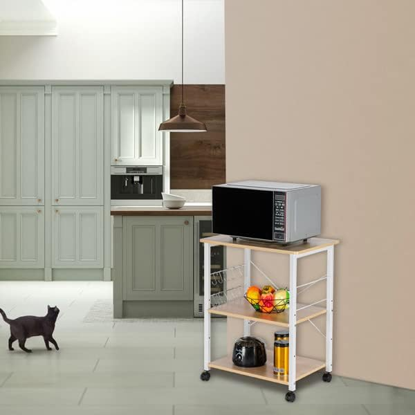 Carrito utilitario con ruedas de 3 niveles beige claro y blanco, carrito de almacenamiento multifuncional, carrito de cocina con ruedas, 22 libras, para hogar y cocina