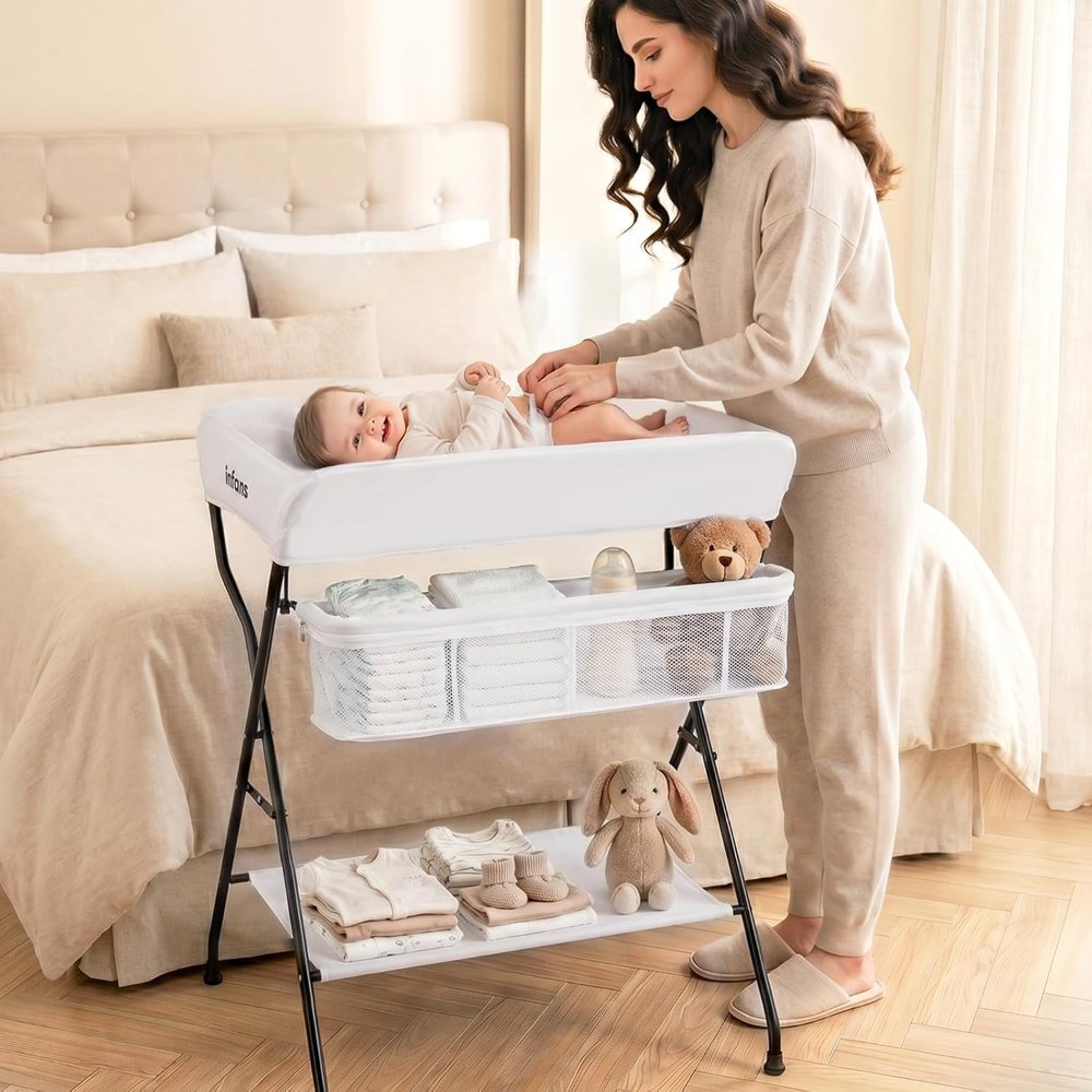 Mesa cambiador para bebés INFANS, plegable, organizador portátil, con cinturón de seguridad y estanterías, para recién nacidos y lactantes