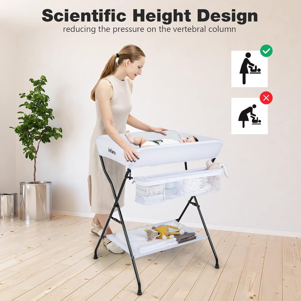 Mesa cambiador para bebés INFANS, plegable, organizador portátil, con cinturón de seguridad y estanterías, para recién nacidos y lactantes - Imagen 2