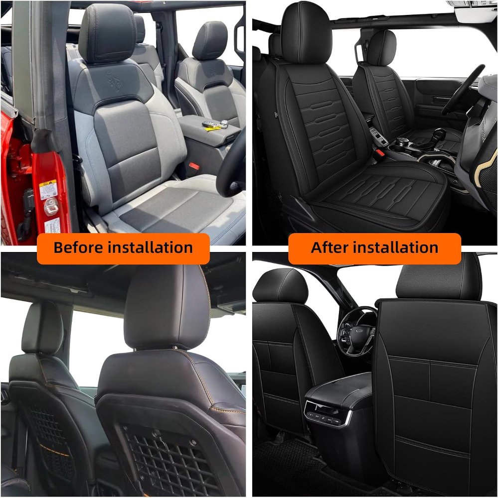 Fundas de asiento personalizadas para Ford Bronco 2021-2025, fundas de asiento delanteras impermeables de cuero con cobertura total para camioneta (2 asientos, color negro) - Imagen 6