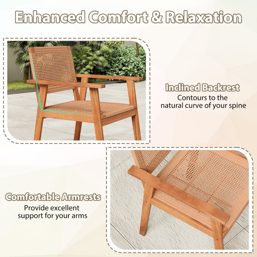 Sillas de comedor de exterior Gymax Acacia Wood Set de 2 con respaldo y reposabrazos, ratán PE tejido a mano, para patio, jardín y terraza - Imagen 2