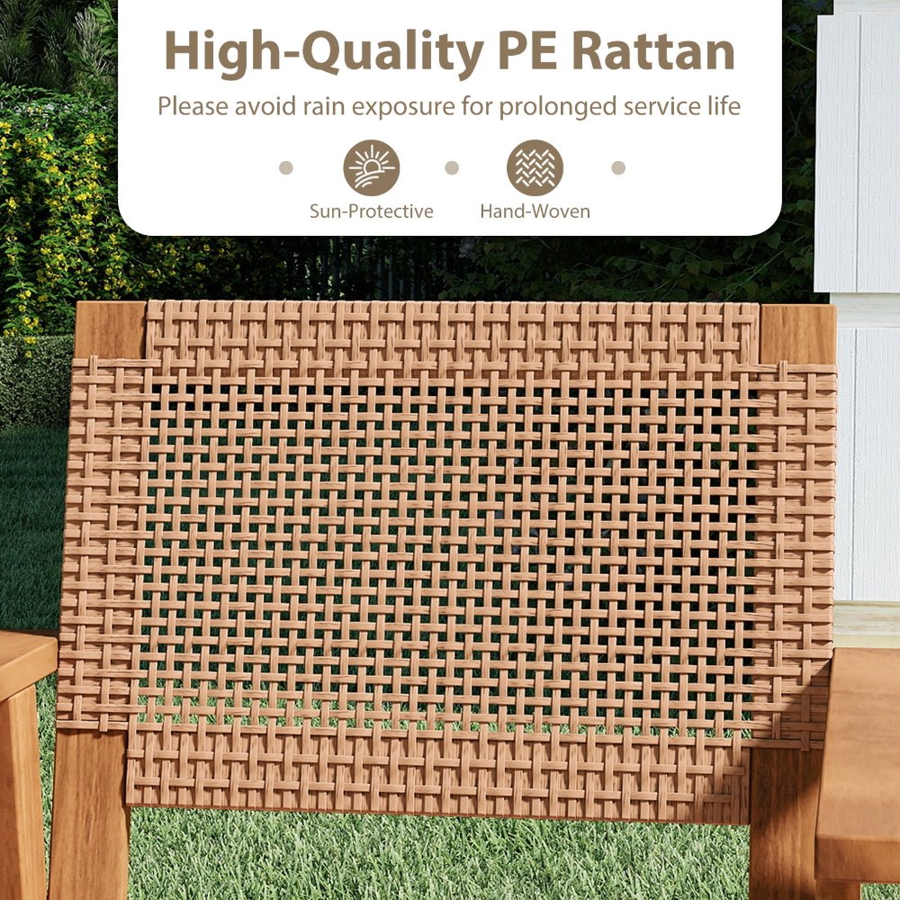 Sillas de comedor de exterior Gymax Acacia Wood Set de 2 con respaldo y reposabrazos, ratán PE tejido a mano, para patio, jardín y terraza - Imagen 3