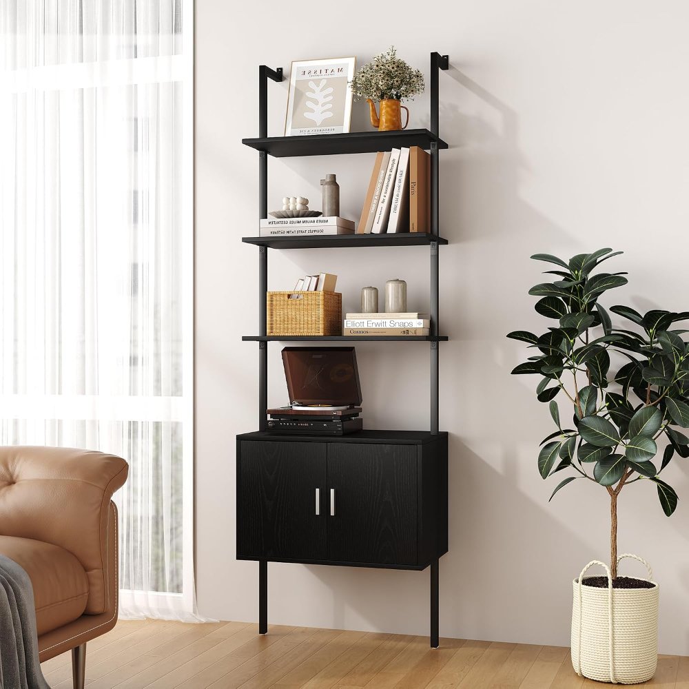 Estantería de 5 niveles con gabinete, moderna de 73 pulgadas, montada en pared, con marco de metal, estante de exhibición abierto, para dormitorio y oficina en casa, color negro