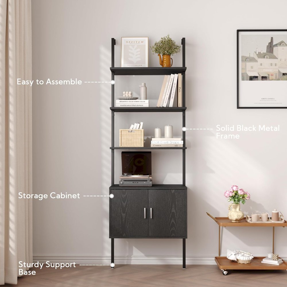 Estantería de 5 niveles con gabinete, moderna de 73 pulgadas, montada en pared, con marco de metal, estante de exhibición abierto, para dormitorio y oficina en casa, color negro - Imagen 2