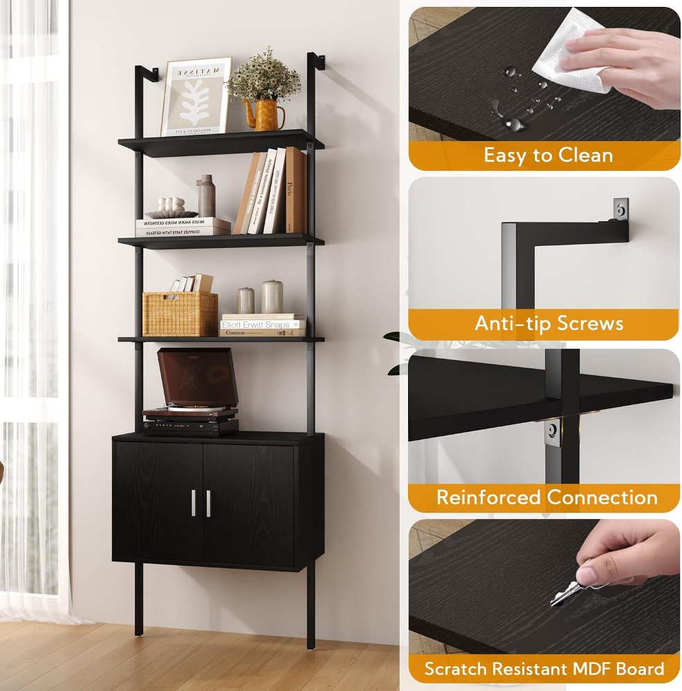 Estantería de 5 niveles con gabinete, moderna de 73 pulgadas, montada en pared, con marco de metal, estante de exhibición abierto, para dormitorio y oficina en casa, color negro - Imagen 3