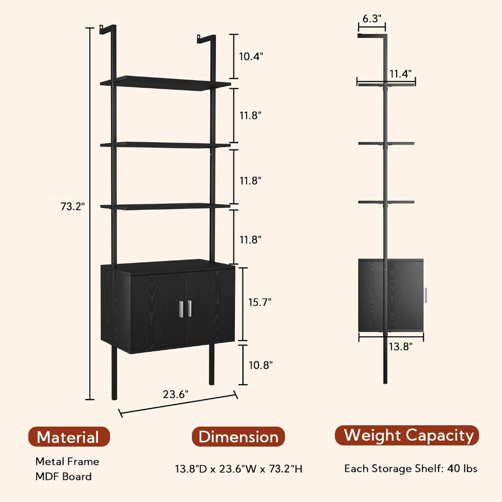Estantería de 5 niveles con gabinete, moderna de 73 pulgadas, montada en pared, con marco de metal, estante de exhibición abierto, para dormitorio y oficina en casa, color negro - Imagen 4