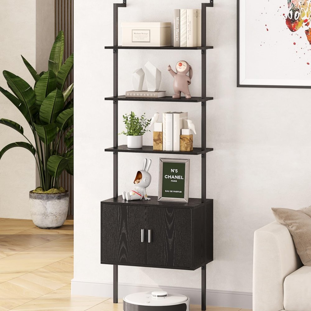 Estantería de 5 niveles con gabinete, moderna de 73 pulgadas, montada en pared, con marco de metal, estante de exhibición abierto, para dormitorio y oficina en casa, color negro - Imagen 5