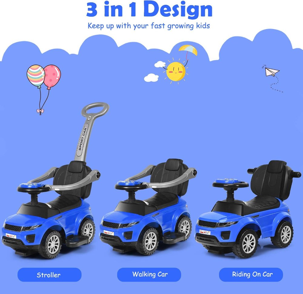 Coche 3 en 1 para niños, con empuje, deslizamiento, bocina, música y almacenamiento bajo asiento, para paseo y juego en casa, fiesta y viajes - Imagen 3