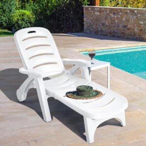 Tumbona plegable de plástico, ajustable en 5 posiciones, con reposabrazos y ruedas, para exteriores, patio, playa, piscina, hogar