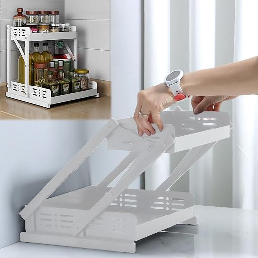 Organizador de especias extraíble Tycom para encimera y armario, soporte de almacenamiento de frascos, organizador de condimentos plegable, para cocina, 2 capas, blanco