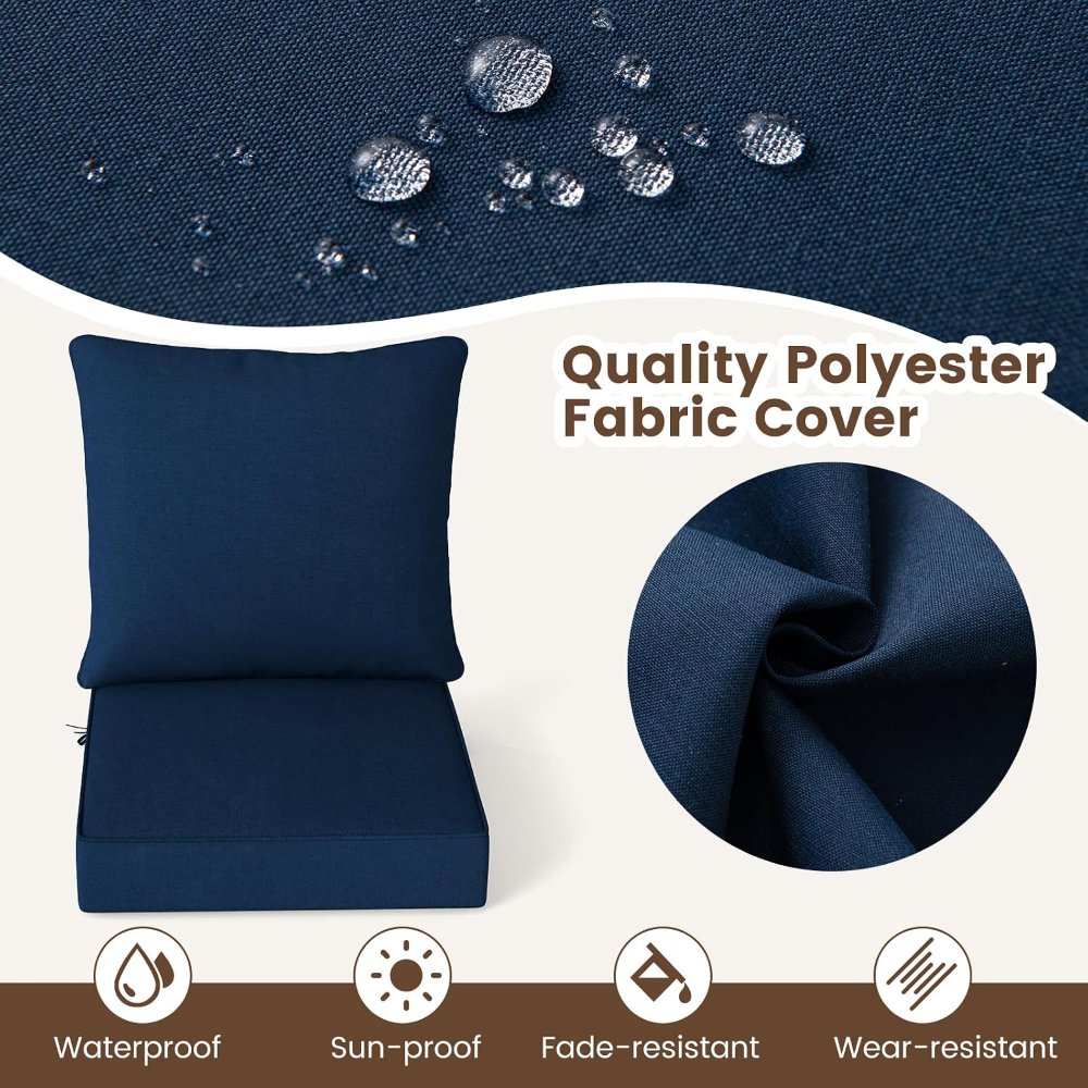 Juego de cojines para muebles de patio, cojín de asiento y respaldo, poliéster y algodón, resistente al agua y a los rayos solares, para interior y exterior, azul marino - Imagen 2