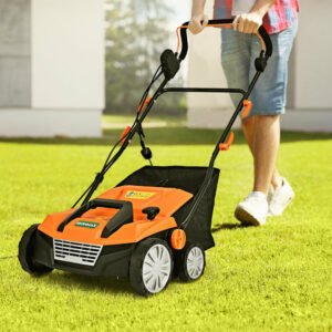 Scarifier eléctrico con cable de 15 pulgadas, 13 amperios, con bolsa de recolección y cuchillas extraíbles, 4 alturas de corte, motor potente, para jardín