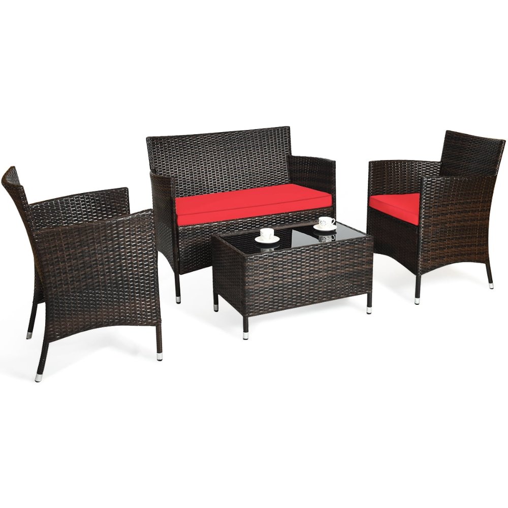 Juego de muebles de exterior de ratán, 4 piezas, 2 sillas, 1 loveseat y 1 mesa de centro, con cojines rojos, para patio y jardín - Imagen 2