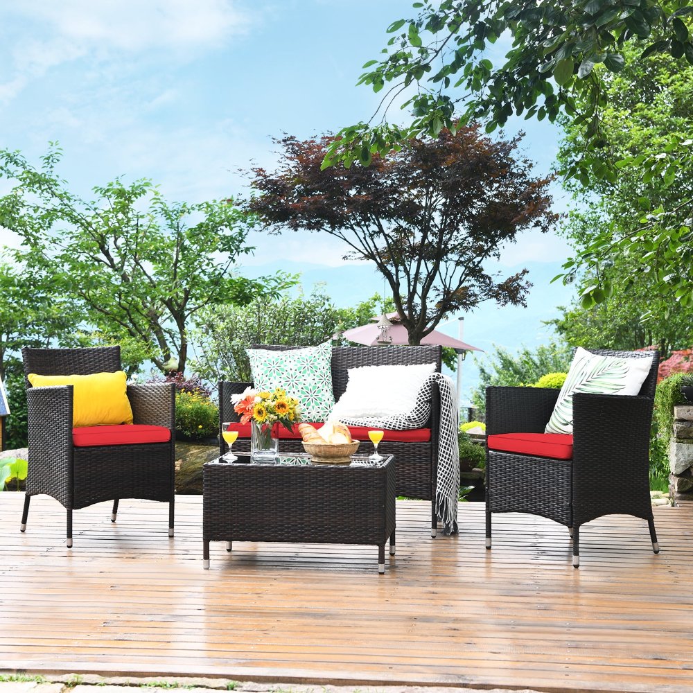 Juego de muebles de exterior de ratán, 4 piezas, 2 sillas, 1 loveseat y 1 mesa de centro, con cojines rojos, para patio y jardín - Imagen 3