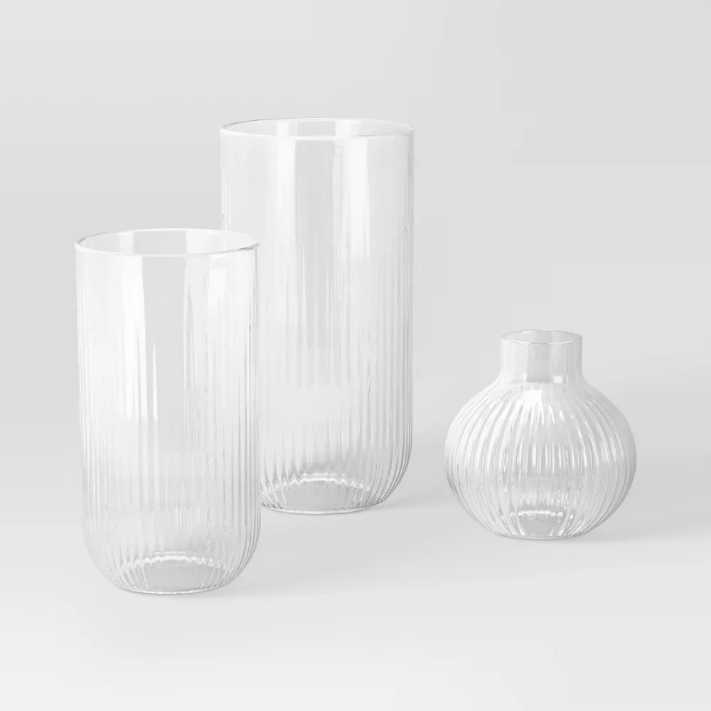 Set de 3 jarrones de cristal acanalado transparente, para decoración del hogar - Imagen 3