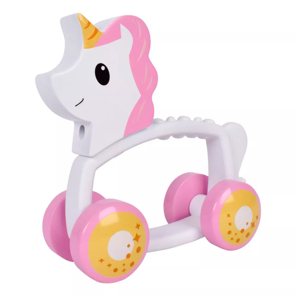 Juguete de arrastre unicornio Sunny Days, habilidades motoras gruesas, silicona y madera, para niños de 10 meses en adelante