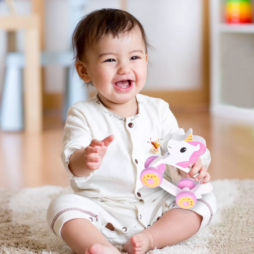 Juguete de arrastre unicornio Sunny Days, habilidades motoras gruesas, silicona y madera, para niños de 10 meses en adelante - Imagen 2
