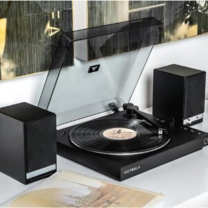 Tocadiscos Victrola Automático Bluetooth, 2 velocidades, plato de aluminio, preamplificador conmutable, cartucho Audio Technica ATN3600L, salida Bluetooth VINYLSTREAM, salida RCA, para hogar y fiesta