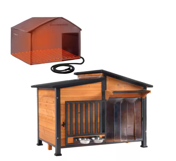 Casa para perros con calefacción, marco de metal reforzado, paneles de madera sólida, techo de asfalto, para exteriores, para todo el año