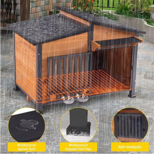 Casa para perros con calefacción, marco de metal reforzado, paneles de madera sólida, techo de asfalto, para exteriores, para todo el año - Imagen 4