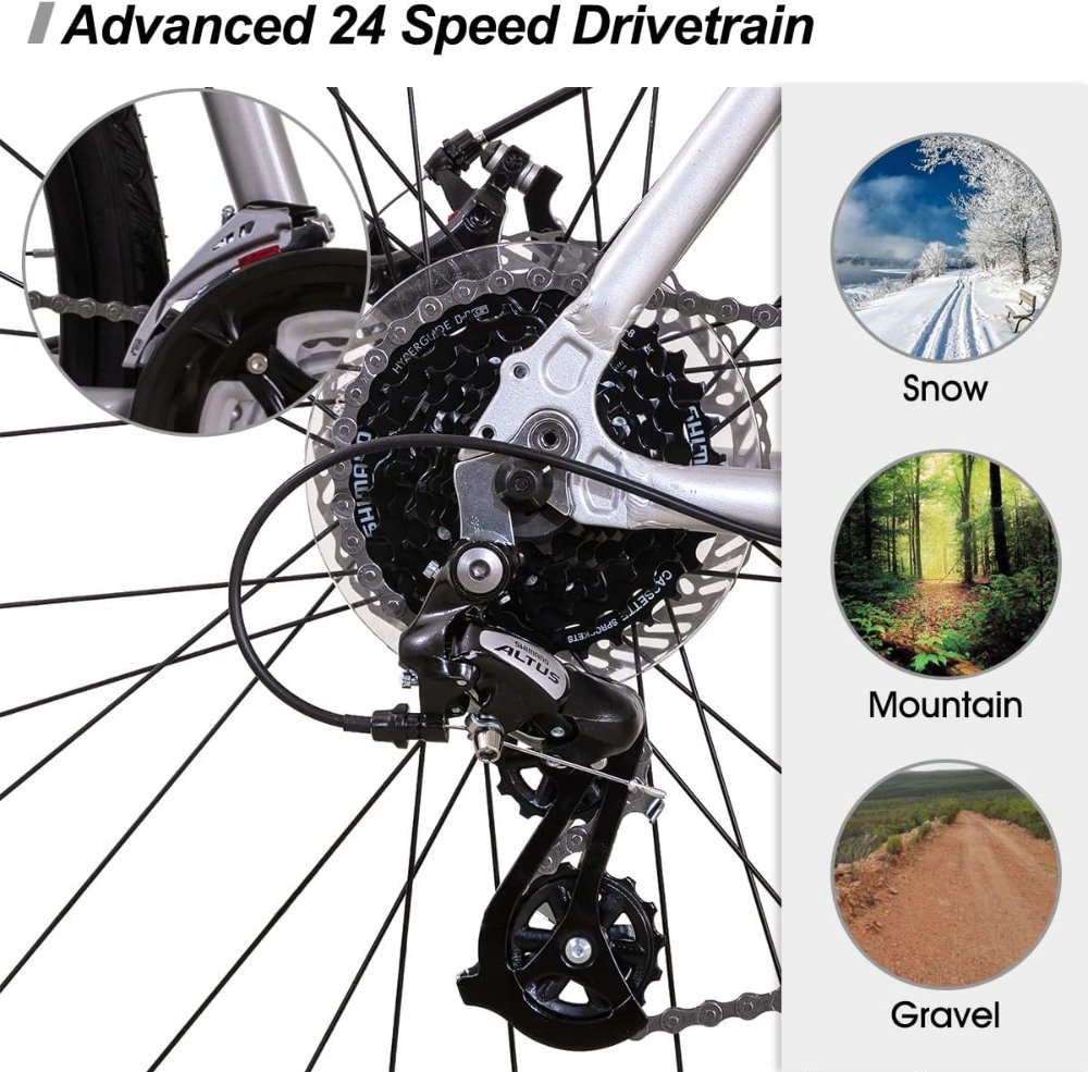 Bicicleta híbrida HH HILAND para adulto, de carretera, 24 velocidades, freno de disco en ambas ruedas, ruedas 700C (53 cm), aluminio, para adultos, plateada 20.9 in - Imagen 5