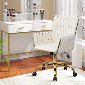 Silla de tocador moderna, terciopelo suave blanco, elegante diseño de tejido artesanal., base dorada, ruedas, respaldo alto, giratoria ergonómica, para hogar, oficina, dormitorio, vestidor