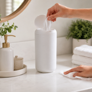 Dispensador recargable Biom para toallitas a base de plantas, blanco, sin BPA, para uso múltiple, componentes de silicona